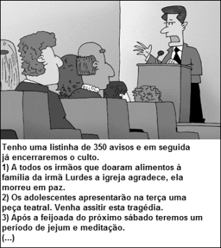 Tirinha sobre avisos no púlpito